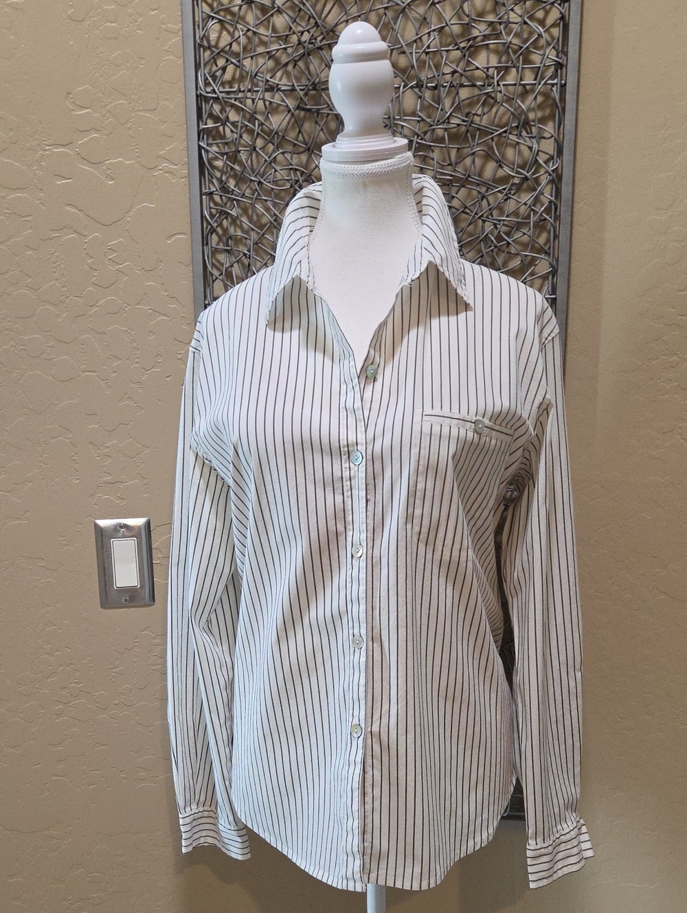 Chico's Design Classic Women's White With Brown Pinstripes Button-Down Shirt